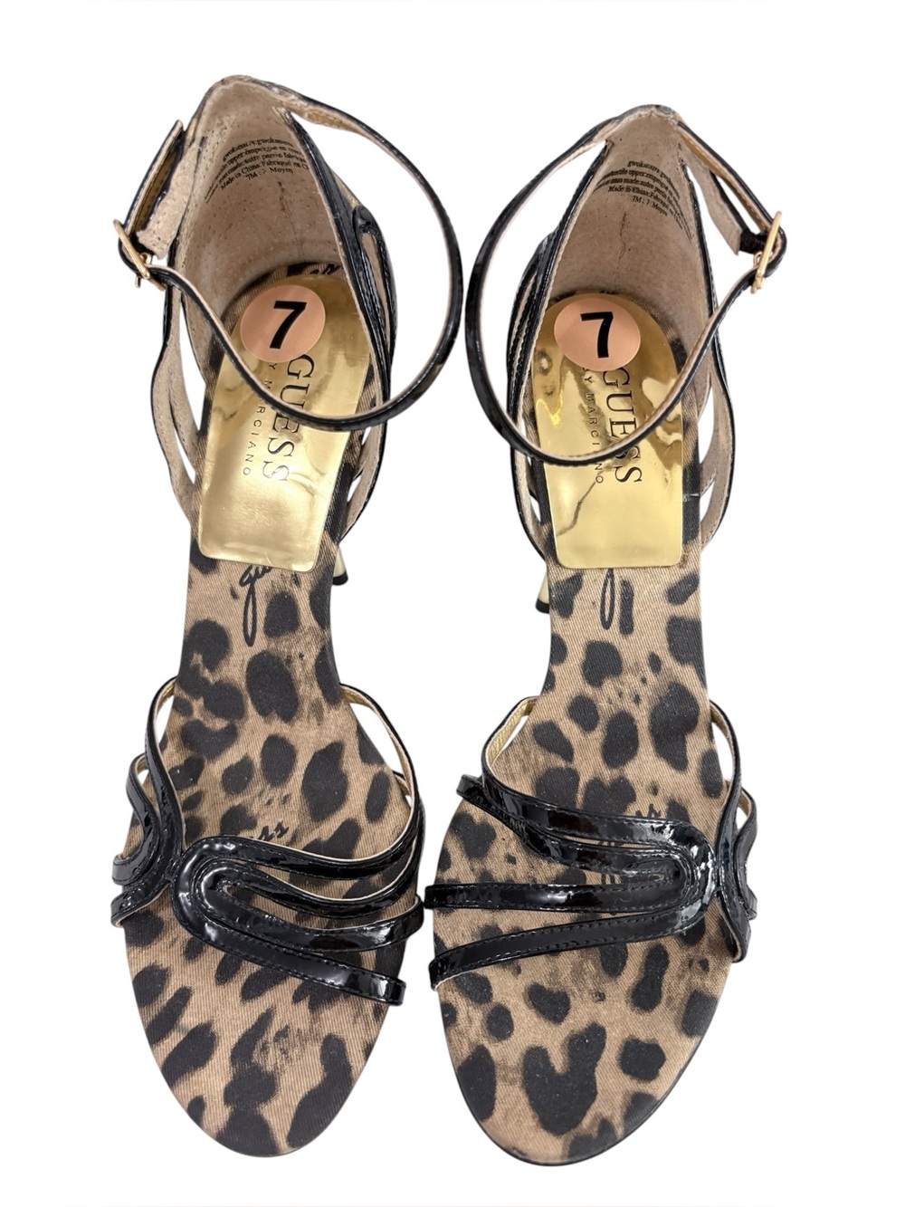 New GUESS by Marciano Black Gold Strappy  Sandals Leopard Print Footbed Sz 7